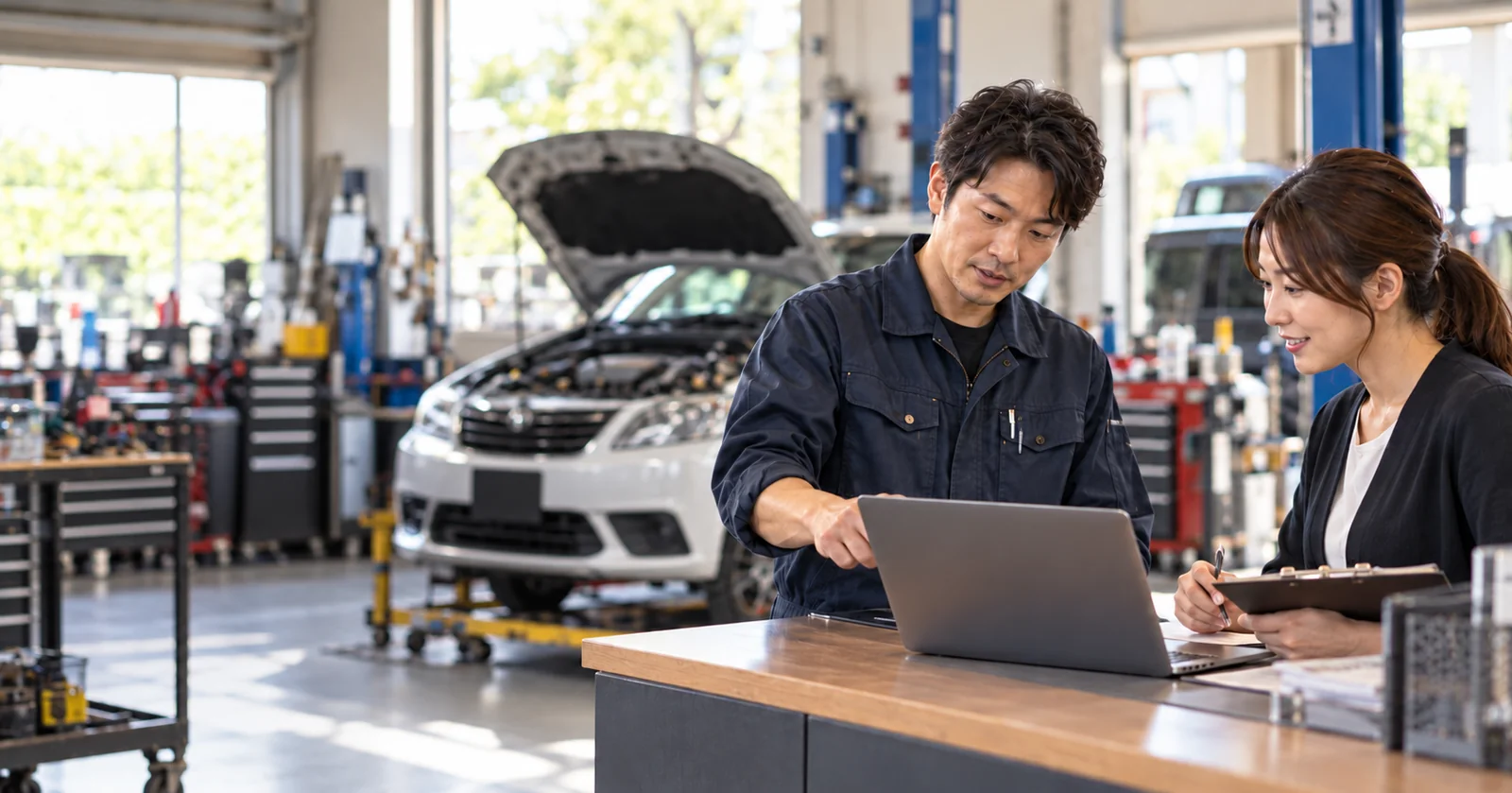 自動車整備業:事務と顧客対応は、どうすれば整備の仕事と両立できるのか?の記事イメージ(AI生成イメージ)