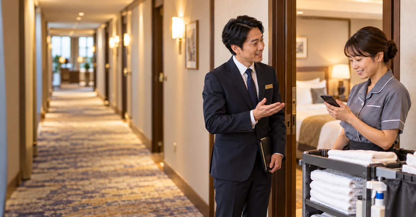 宿泊:客室の準備状況は、どうすれば清掃とフロントですぐ共有できるのか?の記事イメージ(AI生成イメージ)